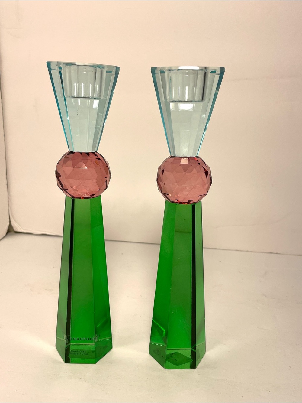Anthropologie Cut Glass Taper Candle Holders Set of 2, 8.75” Tall